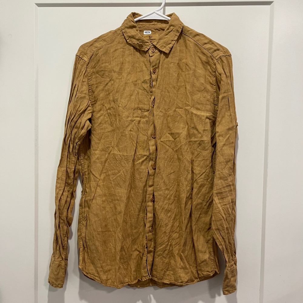 Le Ble En Herbe Mens Linen Button Down Shirt Mustard Yellow Long Sleeve Size M